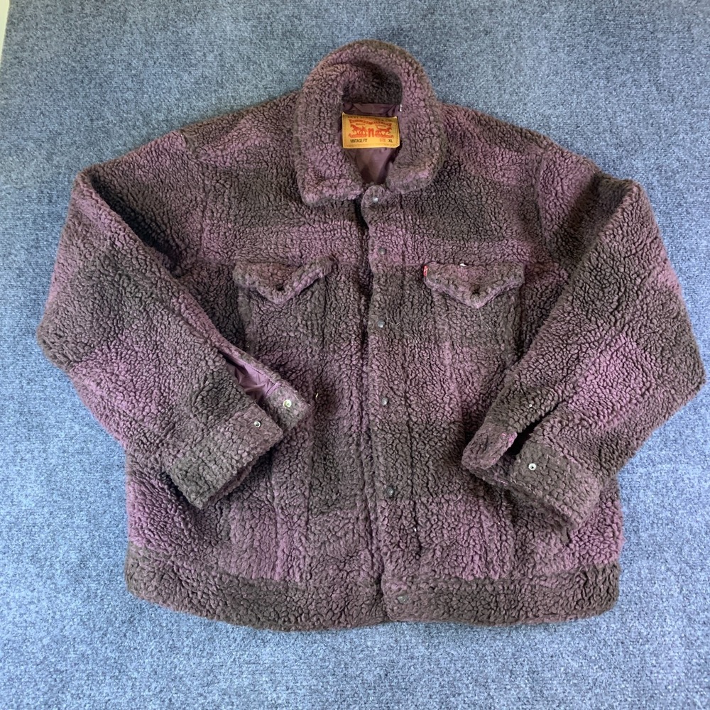 Levi's Sherpa Trucker Jacket Mens XL Brown Good Relaxed Fit Plaid Snap Front